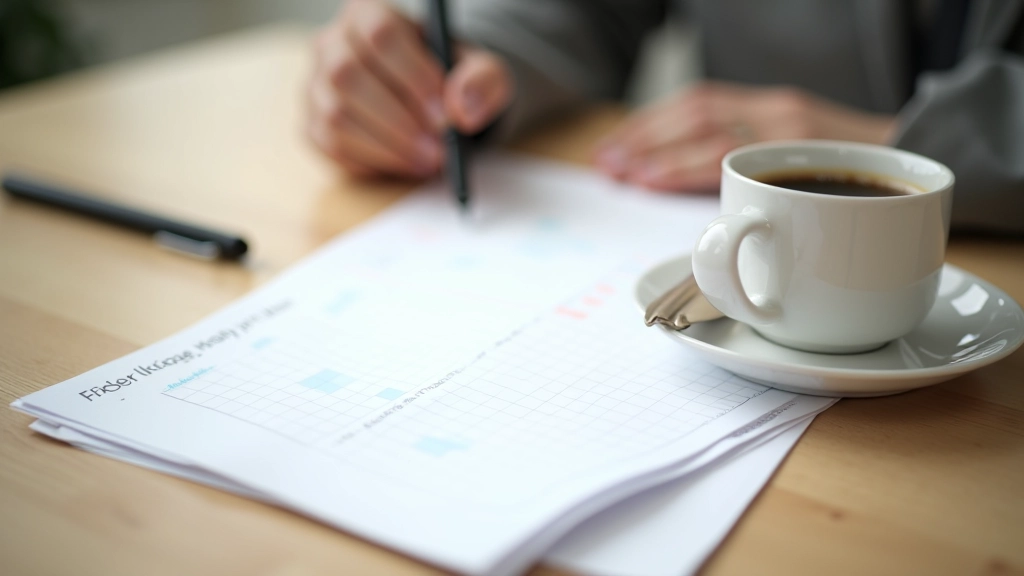 Notebook and pen on desk next to coffee cup, weekly schedule template filled in with handwritten time blocks and color coding