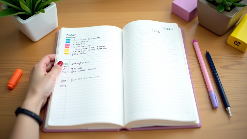Handwritten schedule on notebook with time blocks clearly marked in different colors