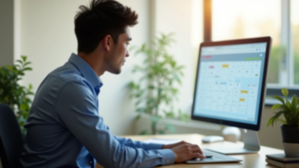 Person sitting at desk looking at calendar on monitor, morning light, focused expression