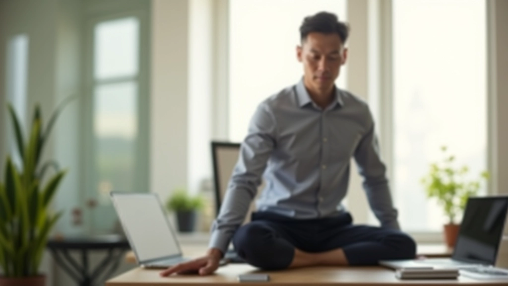 Person stretching at their desk with good posture, morning sunlight from office window visible