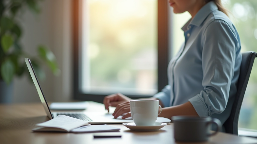 Person at standing desk with coffee, natural light from windows, focused and alert in morning