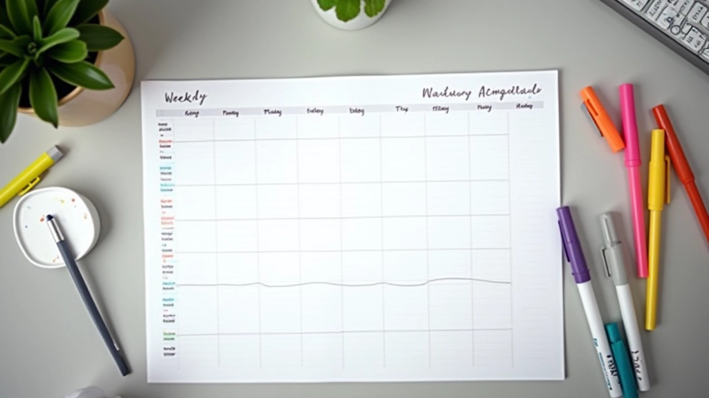 Weekly schedule planner with color-coded tasks and focus blocks marked on paper