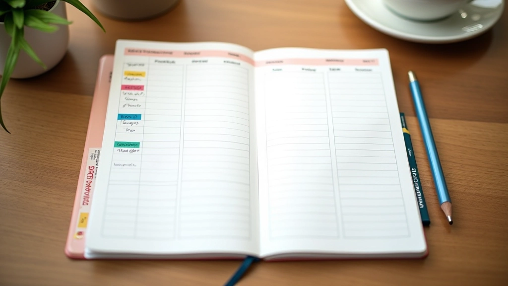 Weekly planner spread with handwritten notes and color-coded schedule blocks on wooden desk