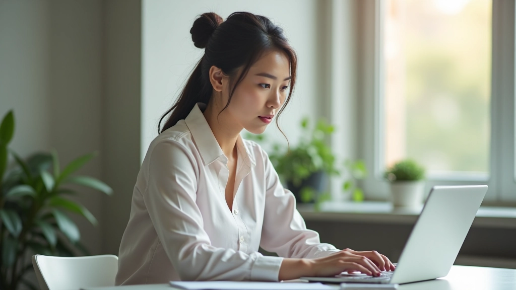 Woman working at desk during afternoon hours with natural light from window, showing focused work environment
