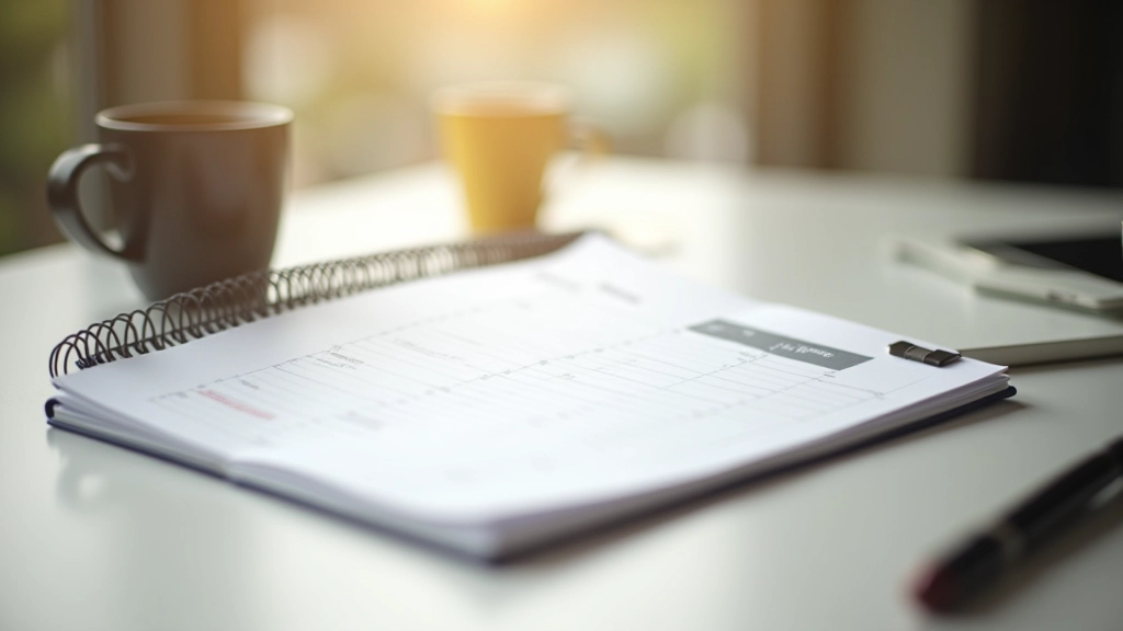 Desk with morning coffee, notebook, and planner with time blocks written out